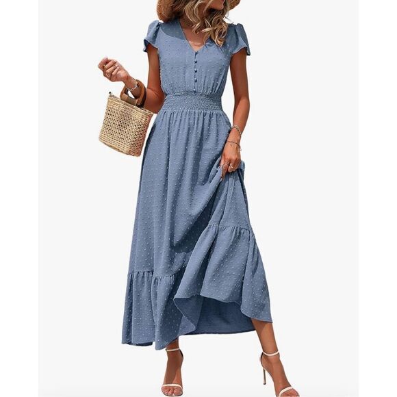 NEW Blue V Neck Swiss Dot Ruffle Tiered Maxi Dress Smocked XL - Picture 1 of 5